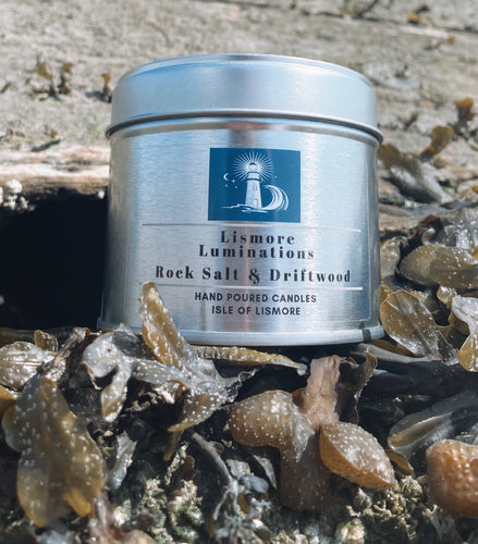 Rock Salt and Driftwood - 8 oz  candle in silver tin.