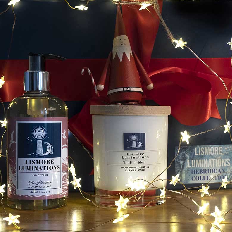 Luxury gift box blue with red bow - The Hebridean luxury candle & hand wash