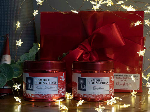 Gift box small with red bow - contains 2 full size Christmas candles in